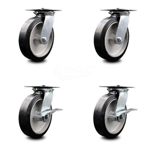 8 Inch Rubber on Aluminum Swivel Caster Set with Ball Bearings 2 Brakes SCC